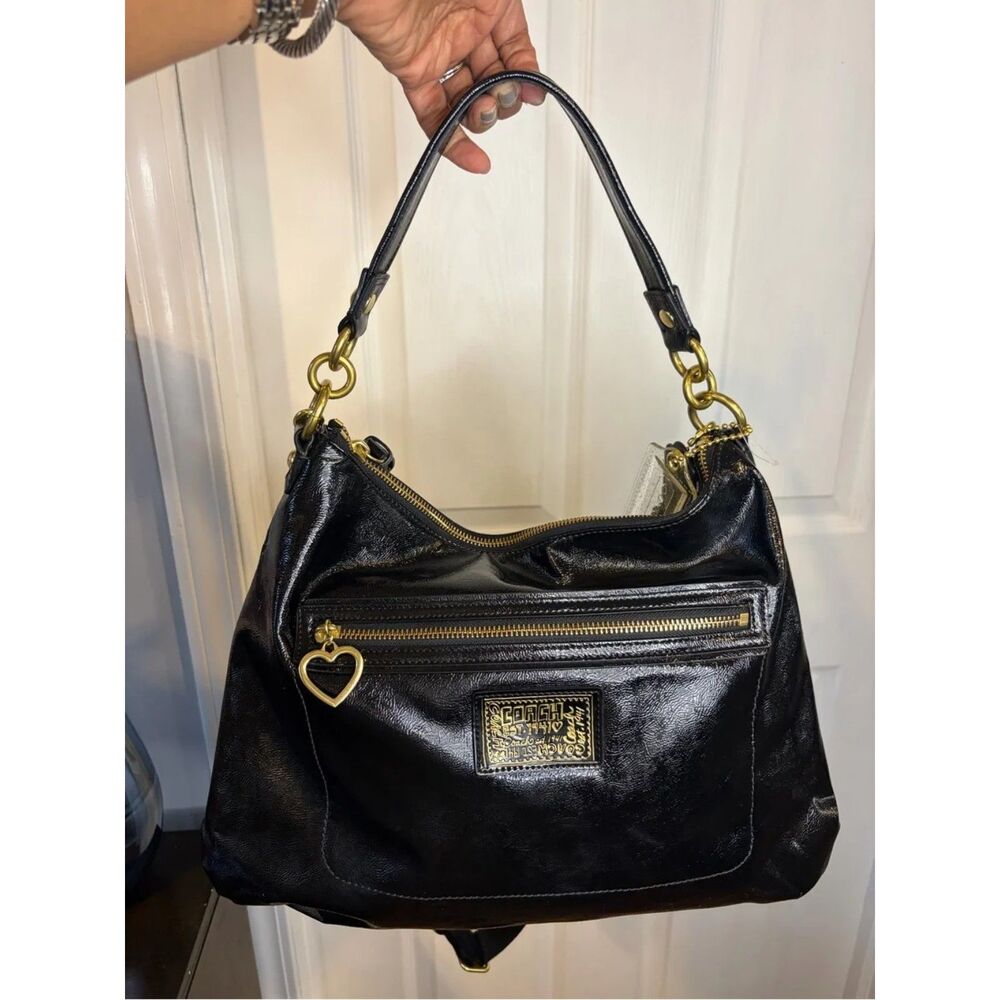 Coach Poppy Daisy Liquid Gloss Black Patent Crossbody Hobo F20108